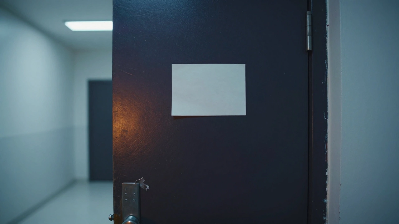 A plain door in a Dubai building with no markings, casting mysterious shadows.