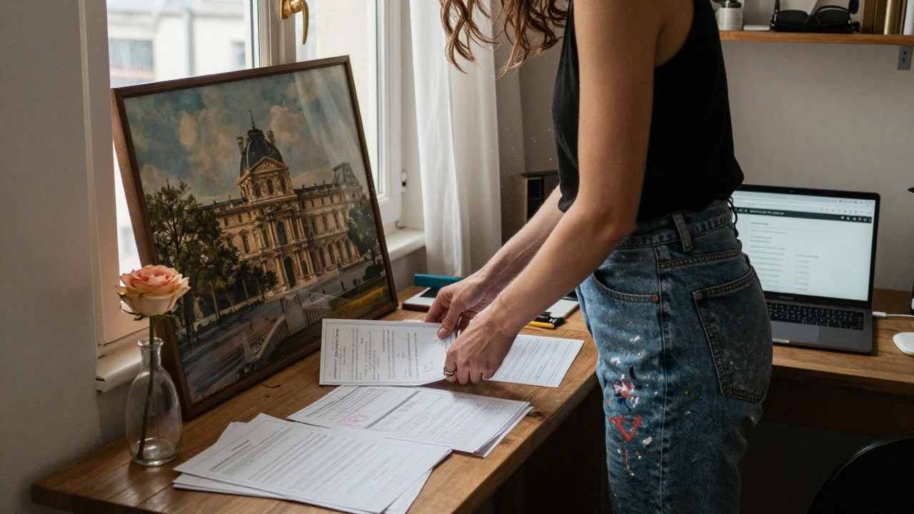 A woman in a Montmartre apartment sorting documents beside a painting and a single rose.