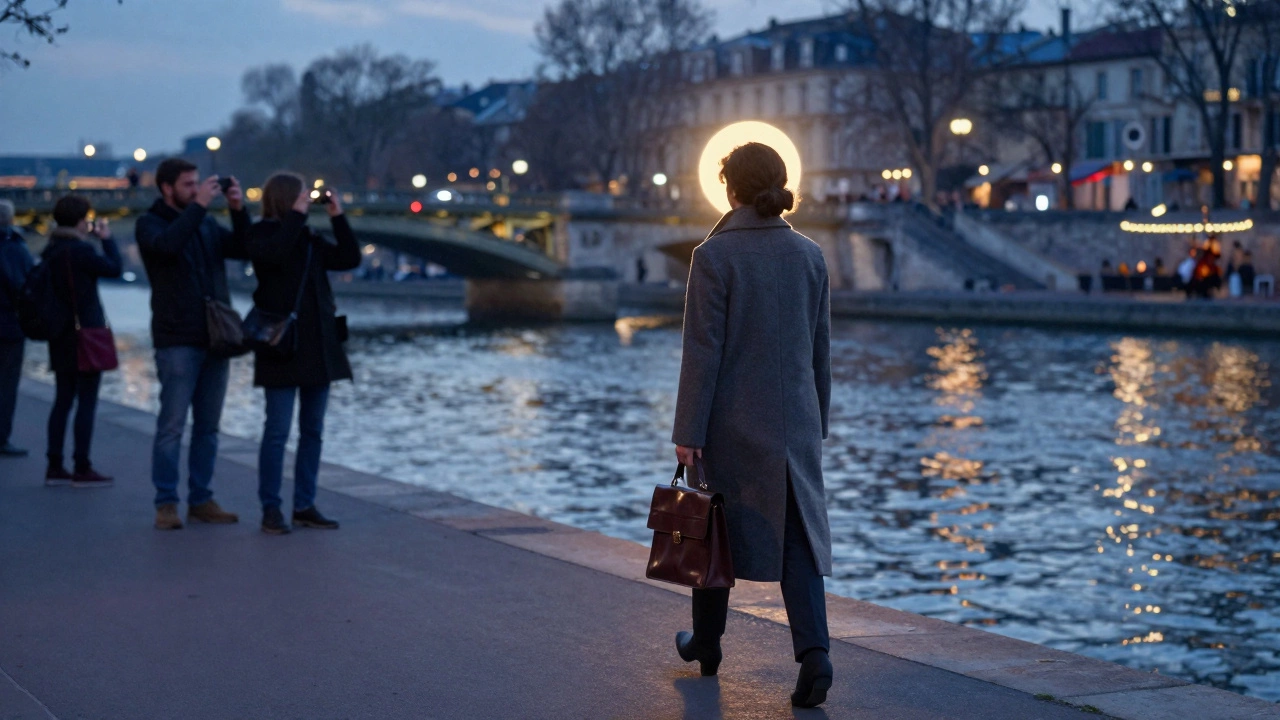 A woman walking alone along the Seine at twilight, her reflection visible in the water.