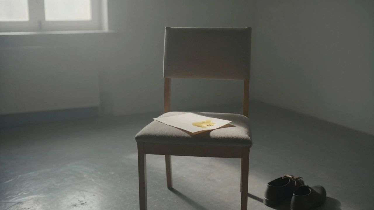 An empty chair with a blank note and shoes left behind in silent surrender.